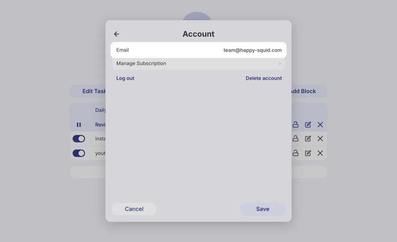 TidyWeb's Account settings, with the email address of the account highlighted.