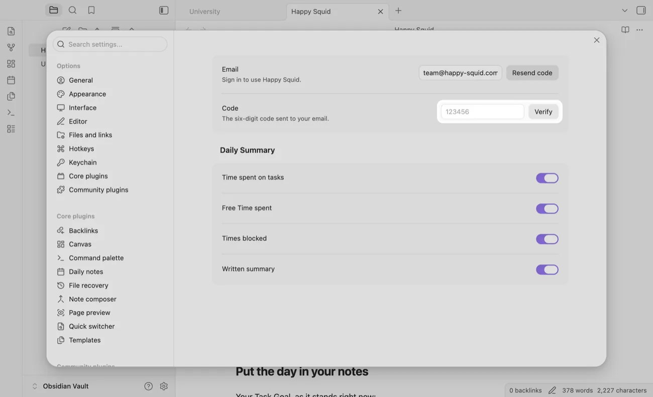 The TidyWeb plugin settings in Obsidian, with the code field and the Verify button highlighted.