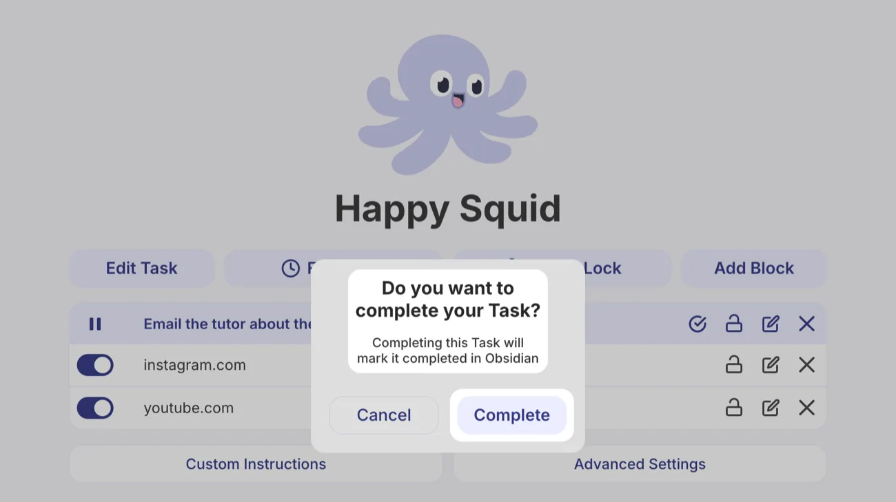 TidyWeb asking Do you want to complete your Task? Completing this Task will mark it completed in Obsidian, with the message and the Complete button highlighted.