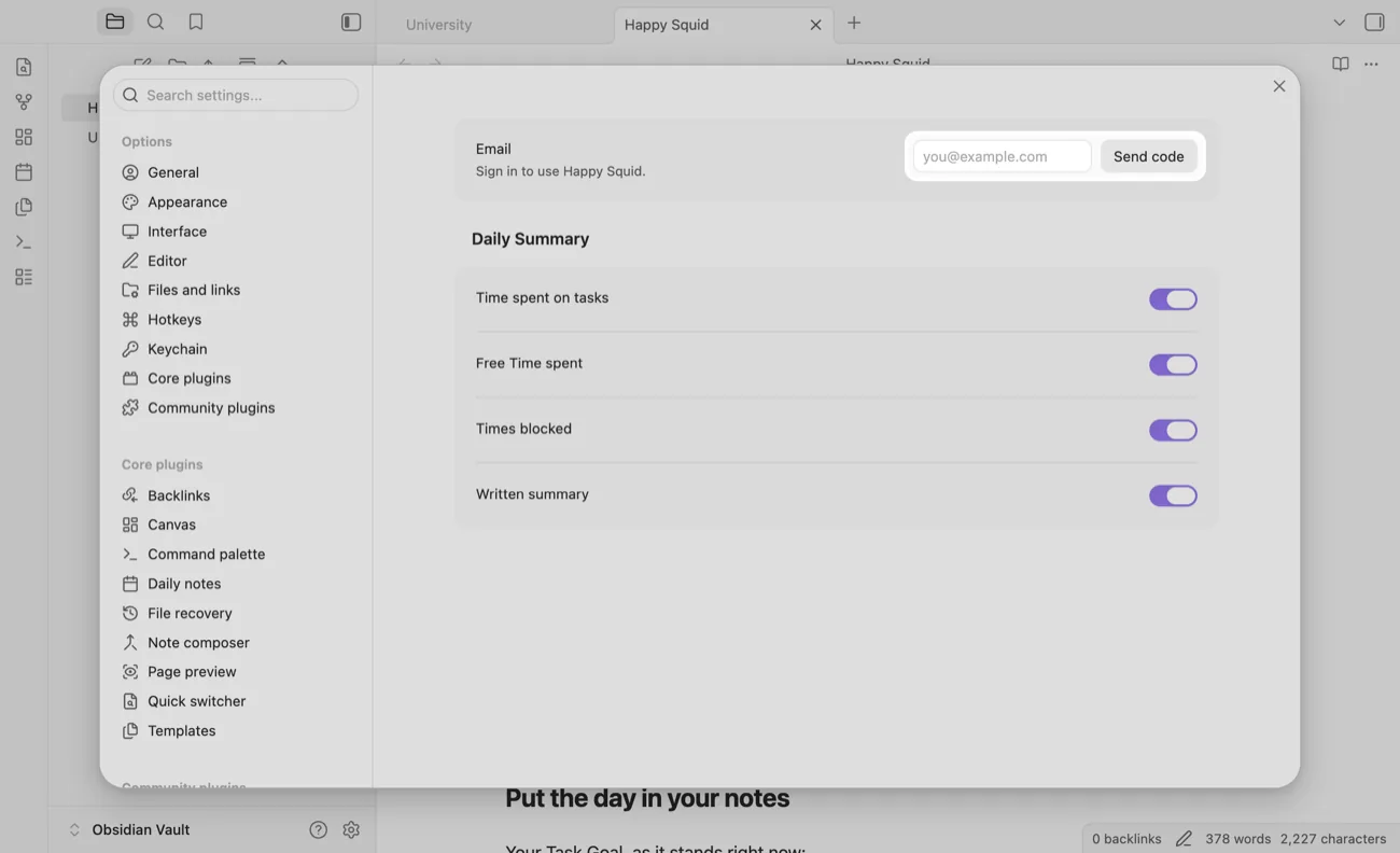 The TidyWeb plugin settings in Obsidian, with the email field and the Send code button highlighted.