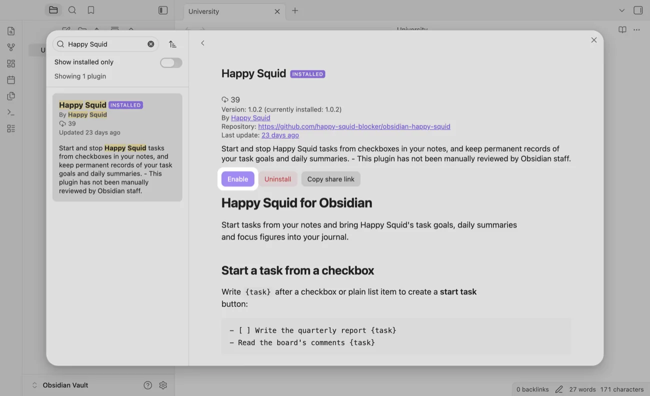 The TidyWeb plugin after installing, with the Enable button highlighted.