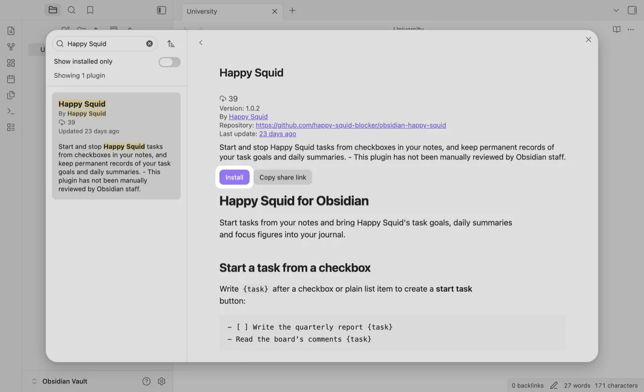 The TidyWeb plugin in Obsidian's plugin directory, with the Install button highlighted.