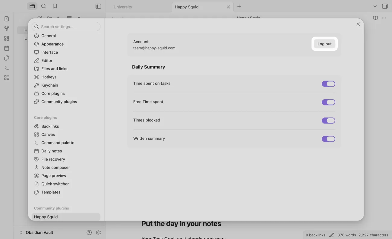 The TidyWeb plugin settings in Obsidian, with the Log out button highlighted.