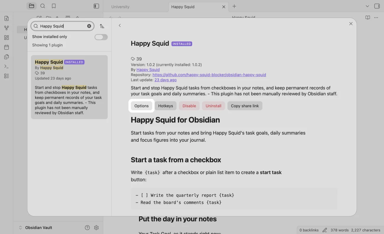 The TidyWeb plugin after enabling, with the Options button highlighted.