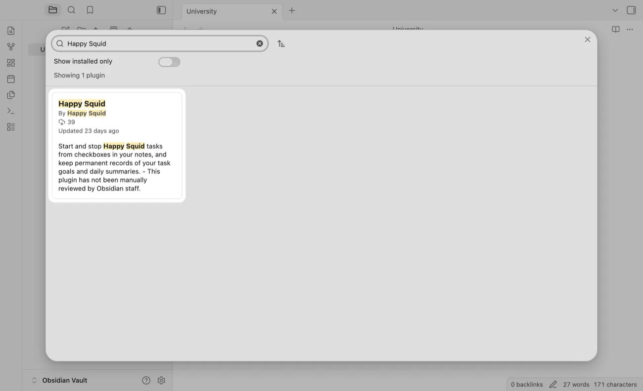 Obsidian's plugin directory searched for TidyWeb, with the TidyWeb plugin highlighted.
