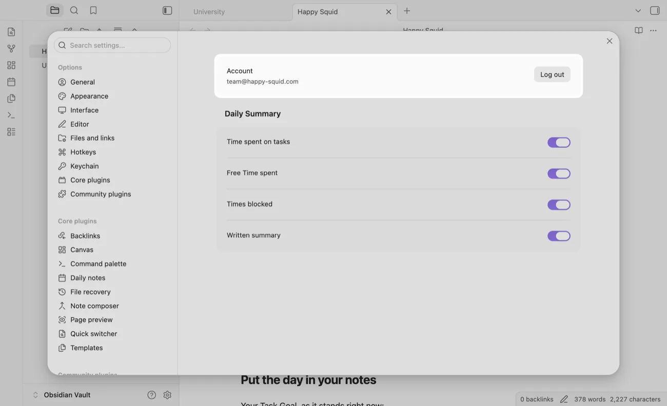 The TidyWeb plugin settings in Obsidian, with the signed-in account and its Log out button highlighted.
