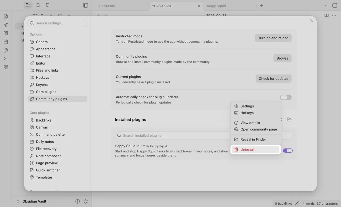 Obsidian's Community plugins settings, with the TidyWeb plugin's uninstall button highlighted.