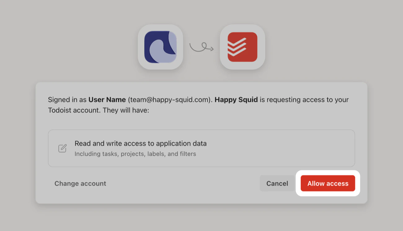 Todoist’s permission page: TidyWeb is requesting read and write access, with the Allow access button highlighted.