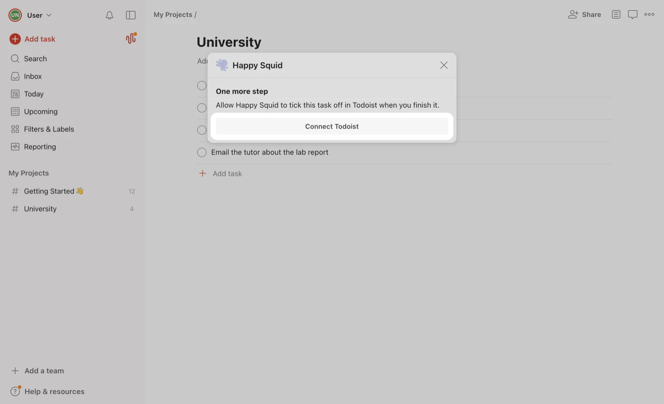 The TidyWeb window in Todoist showing One more step, with the Connect Todoist button highlighted.