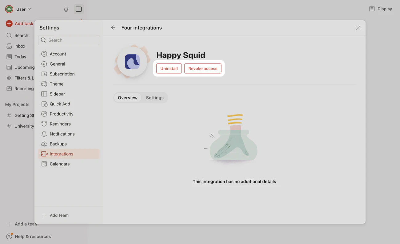 Todoist settings for the TidyWeb integration, with the Uninstall and Revoke access buttons highlighted.