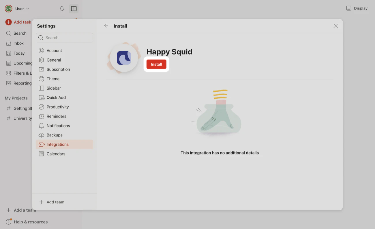 Todoist settings open on the TidyWeb integration, with the Install button highlighted.