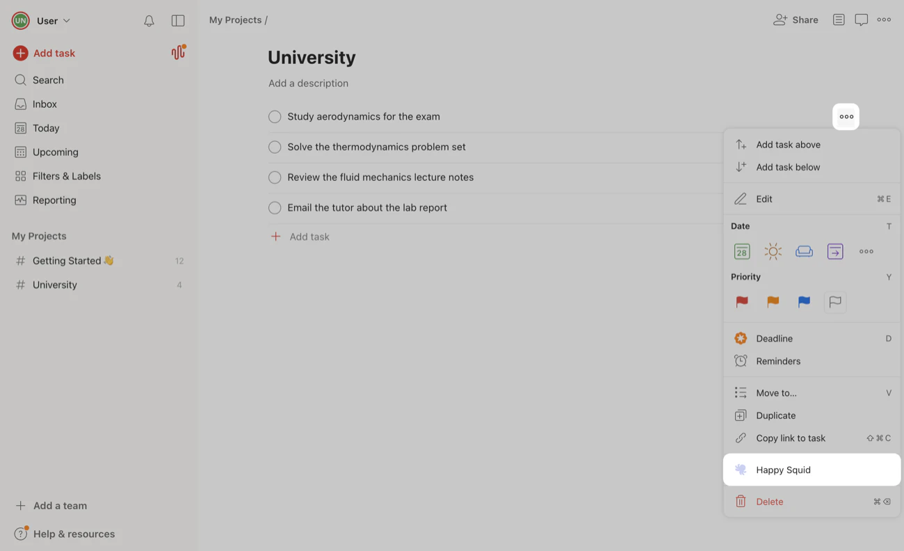 A Todoist task’s menu, opened from its three-dot button, with TidyWeb highlighted near the bottom.