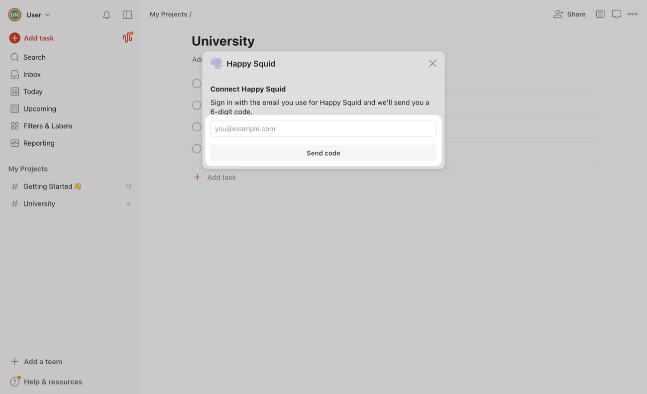 The TidyWeb window in Todoist, titled Connect TidyWeb, with the email field and the Send code button highlighted.