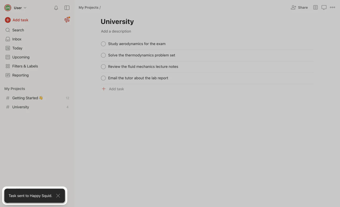 Todoist with the message Task sent to TidyWeb highlighted in the bottom left corner.