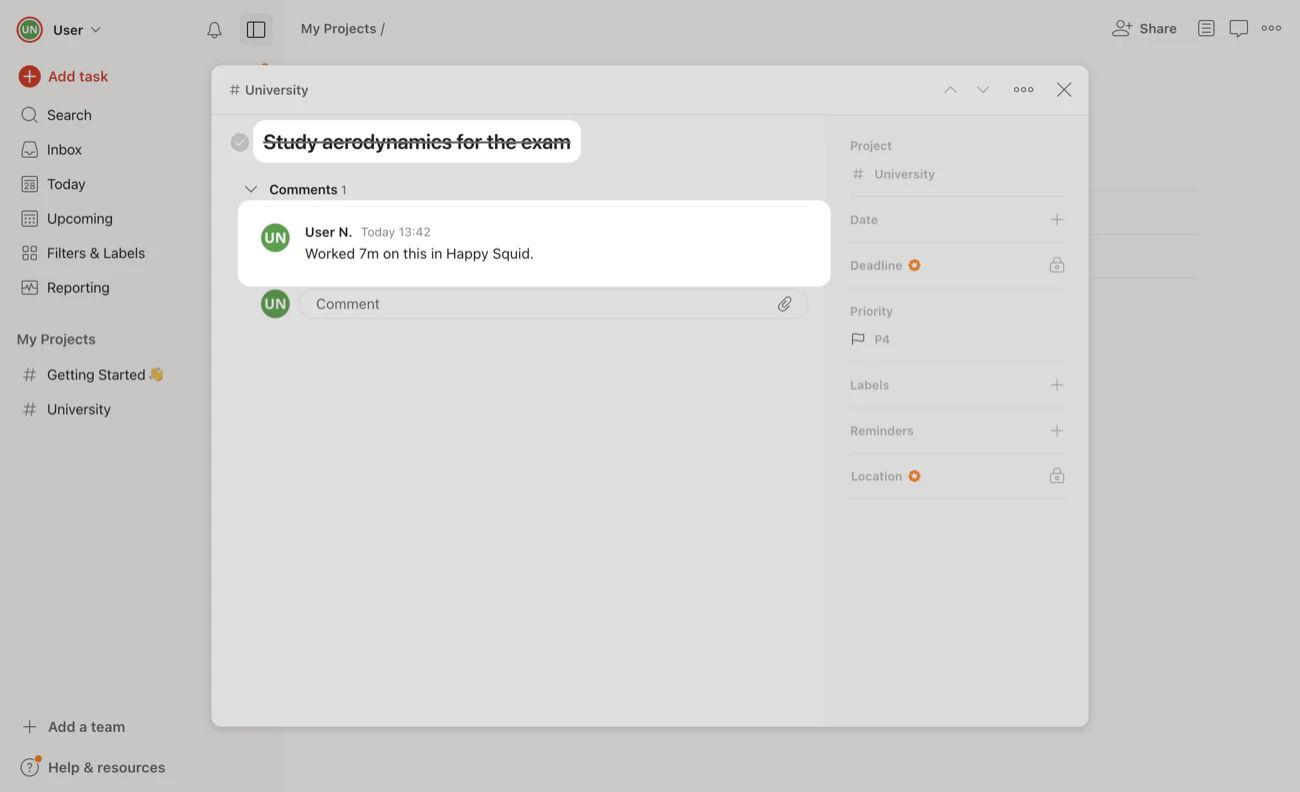 The completed task in Todoist, struck through, with the comment Worked 7m on this in TidyWeb.